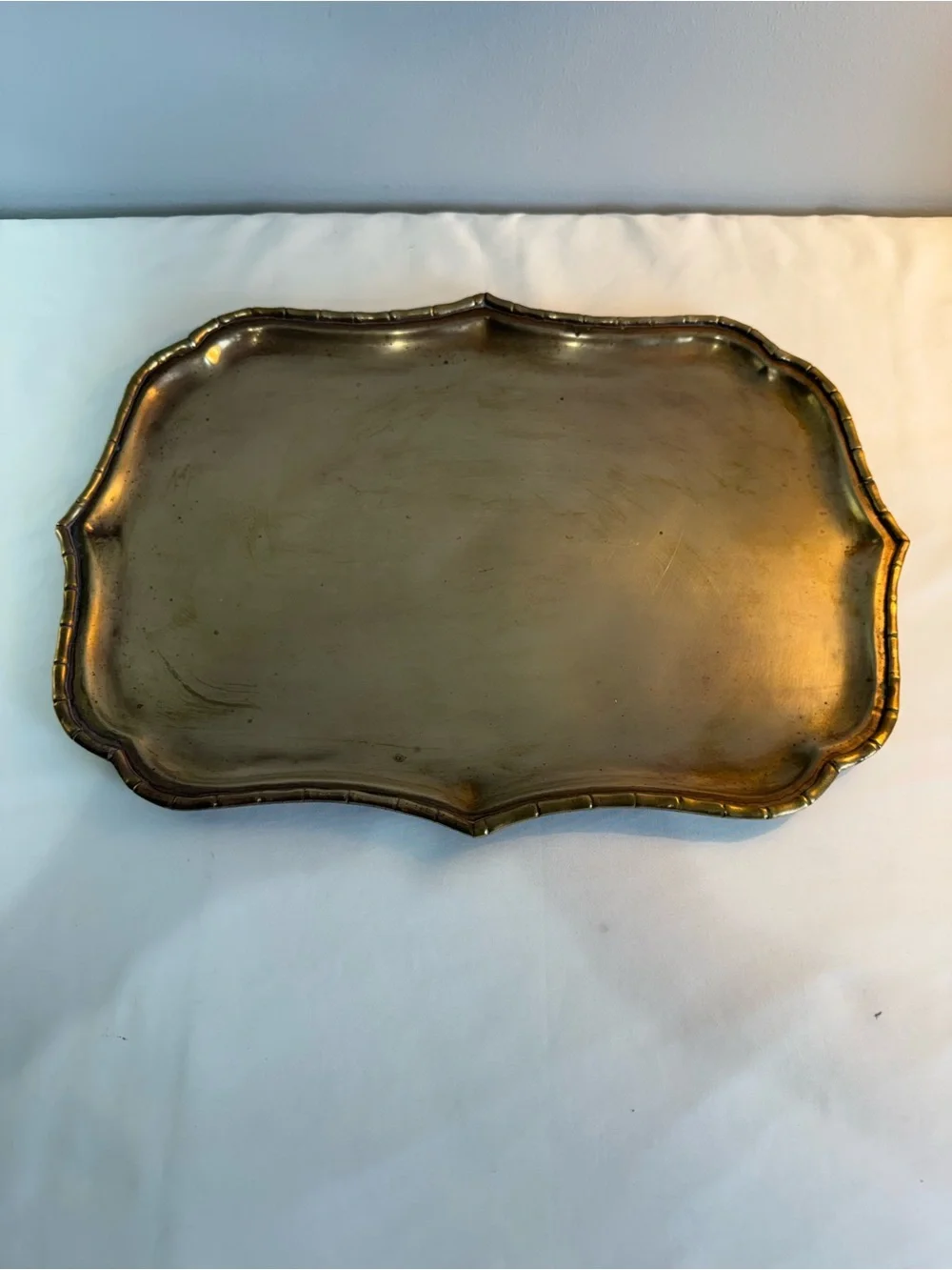 Vintage Oval Brass Tray Featuring A Distinctive Faux Bamboo Edge. Made In India